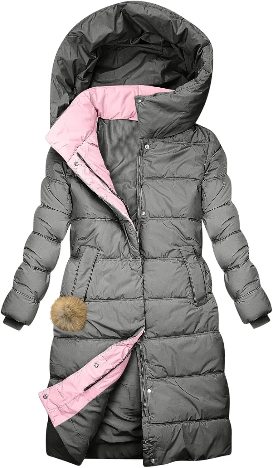 Womens Long Hooded Puffer Jackets Trendy Windproof Zipper Button Down Coat Winter Solid Long Sleeve Warm Outerwear
