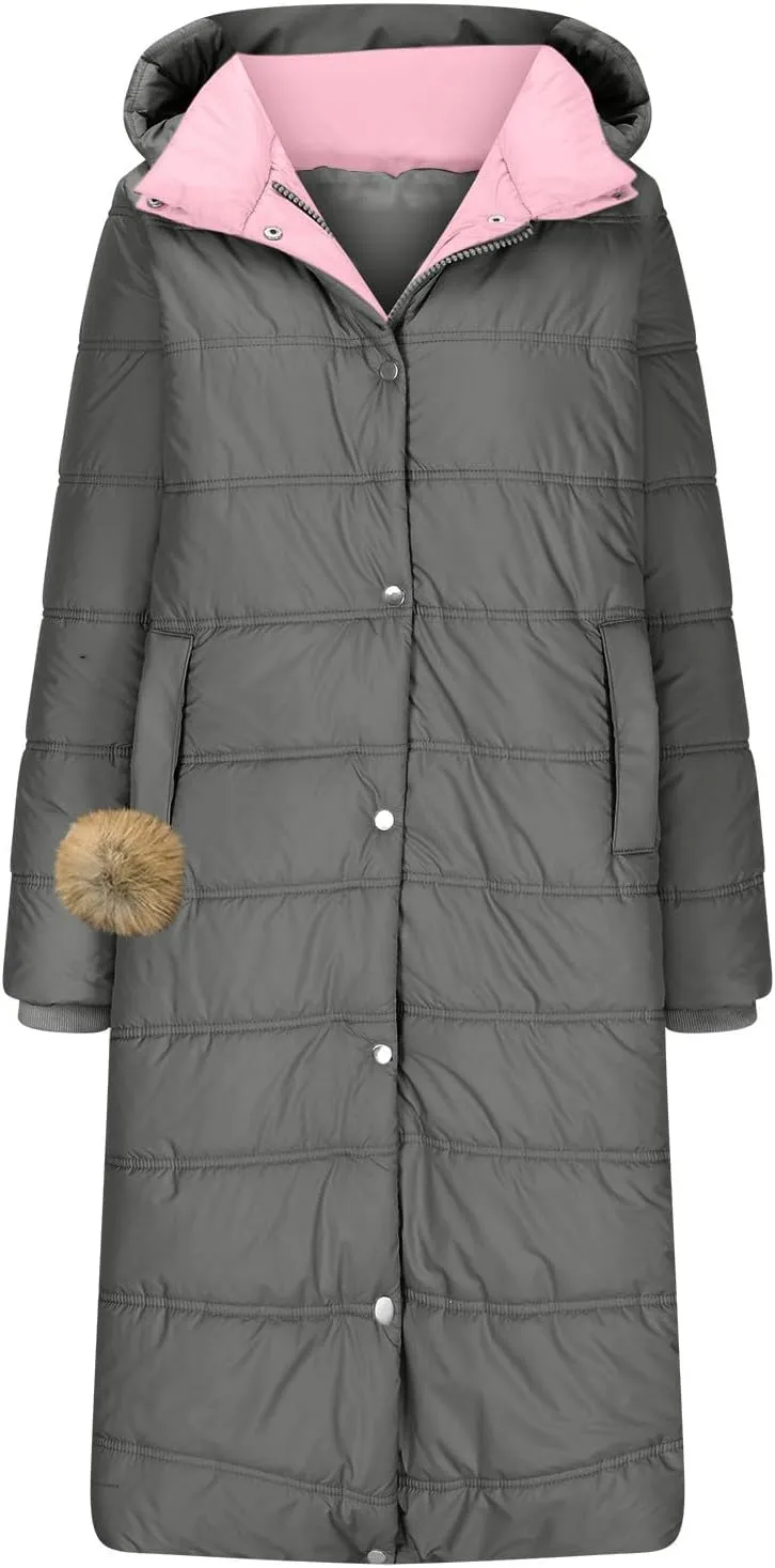 Womens Long Hooded Puffer Jackets Trendy Windproof Zipper Button Down Coat Winter Solid Long Sleeve Warm Outerwear