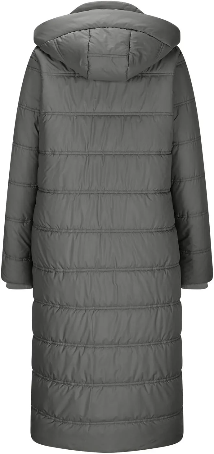 Womens Long Hooded Puffer Jackets Trendy Windproof Zipper Button Down Coat Winter Solid Long Sleeve Warm Outerwear