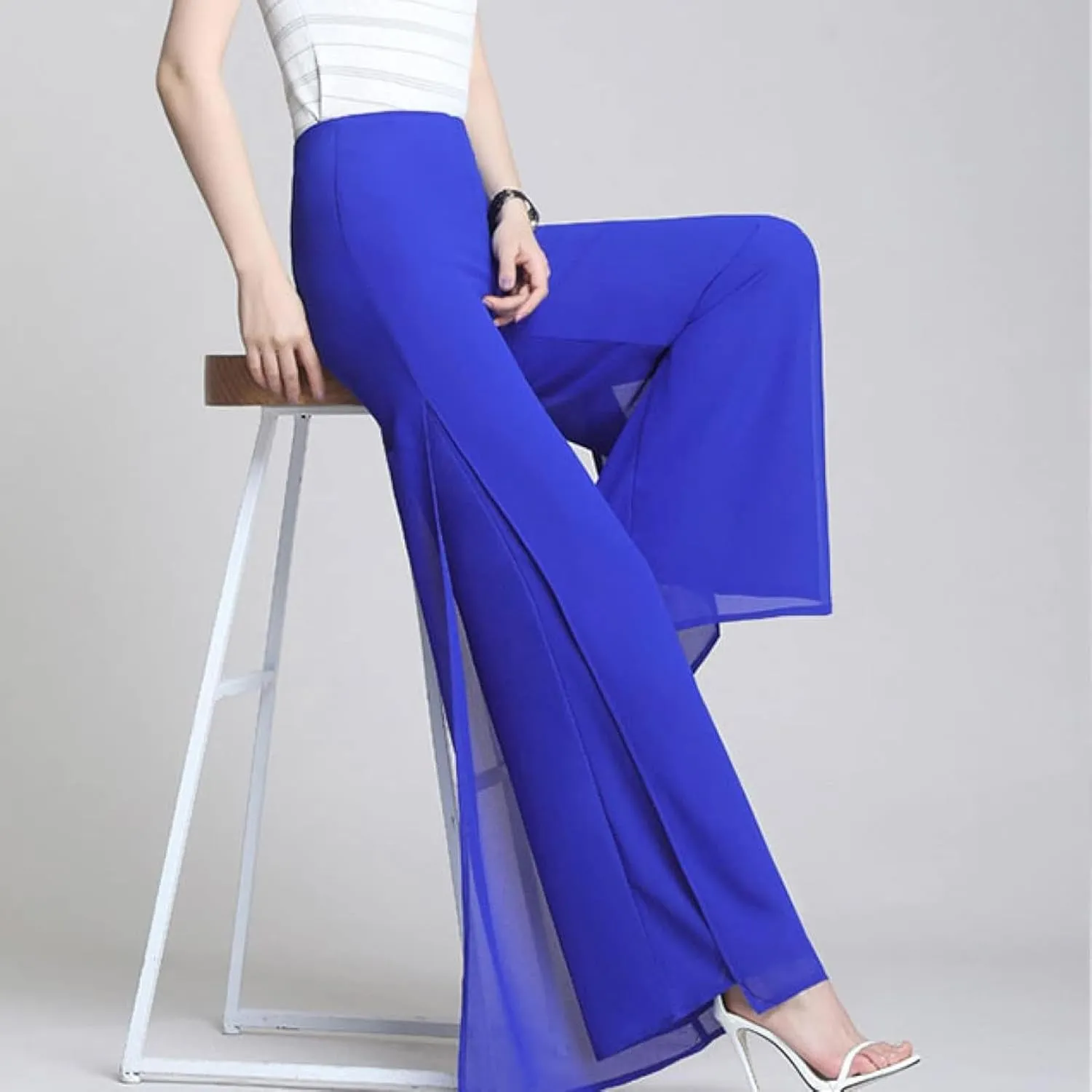 Women's Long Pants Summer Wide Leg Pants High Waist Double Layered Split Chiffon Long Pants Loose Dance Pants