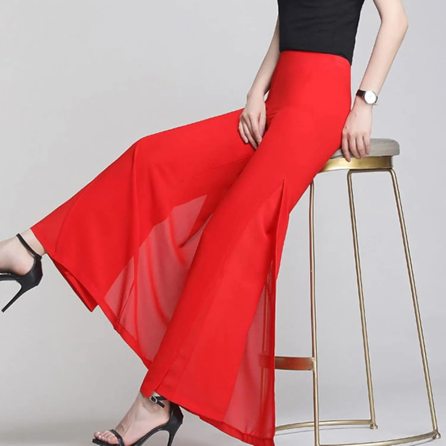 Women's Long Pants Summer Wide Leg Pants High Waist Double Layered Split Chiffon Long Pants Loose Dance Pants