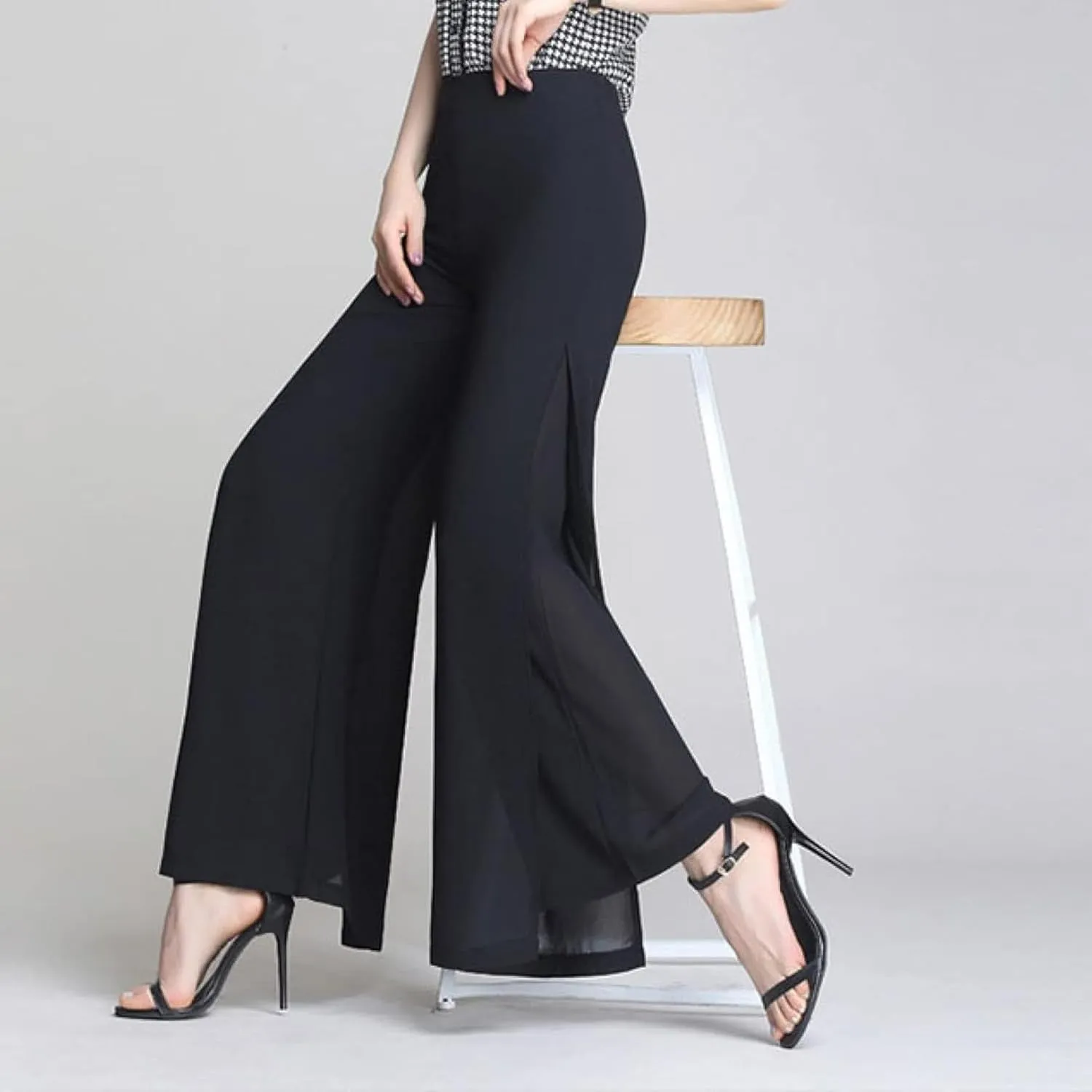 Women's Long Pants Summer Wide Leg Pants High Waist Double Layered Split Chiffon Long Pants Loose Dance Pants