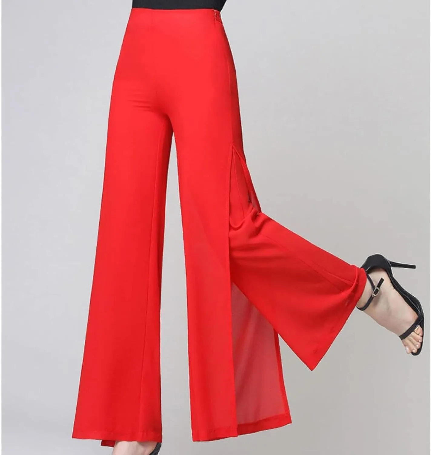 Women's Long Pants Summer Wide Leg Pants High Waist Double Layered Split Chiffon Long Pants Loose Dance Pants