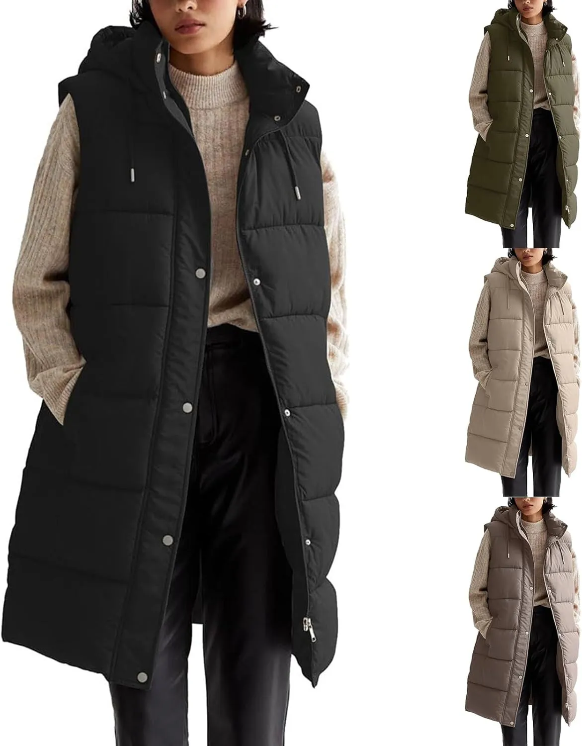 Womens Long Puffer Vest Sleeveless Puffy Jacket Stand Collar Thick Hooded Long Coats Jacket