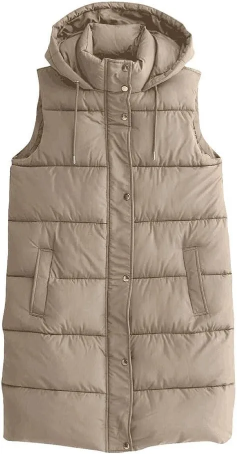 Womens Long Puffer Vest Sleeveless Puffy Jacket Stand Collar Thick Hooded Long Coats Jacket