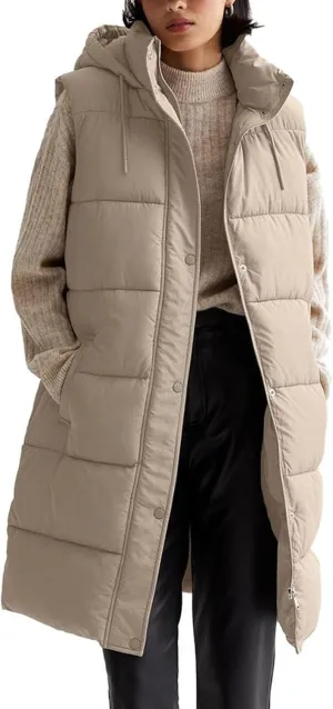 Womens Long Puffer Vest Sleeveless Puffy Jacket Stand Collar Thick Hooded Long Coats Jacket