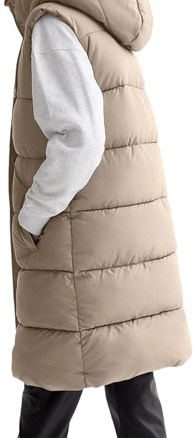 Womens Long Puffer Vest Sleeveless Puffy Jacket Stand Collar Thick Hooded Long Coats Jacket
