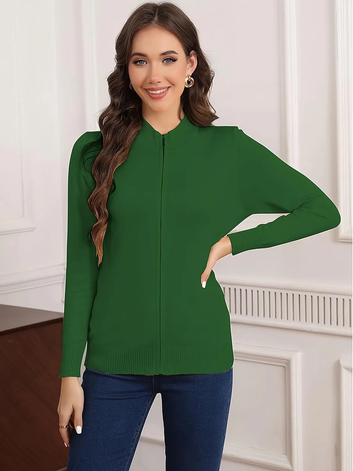 Women's Long Sleeve Zipper Sweater Knit Cardigan Sweater Lightweight Zipper Sweatshirt Casual Jacket