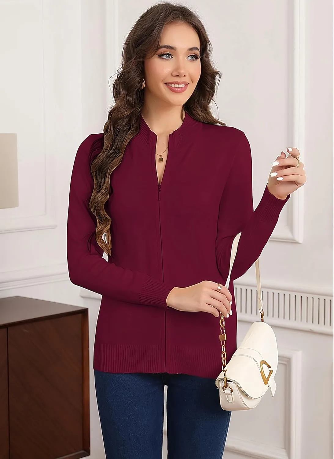 Women's Long Sleeve Zipper Sweater Knit Cardigan Sweater Lightweight Zipper Sweatshirt Casual Jacket