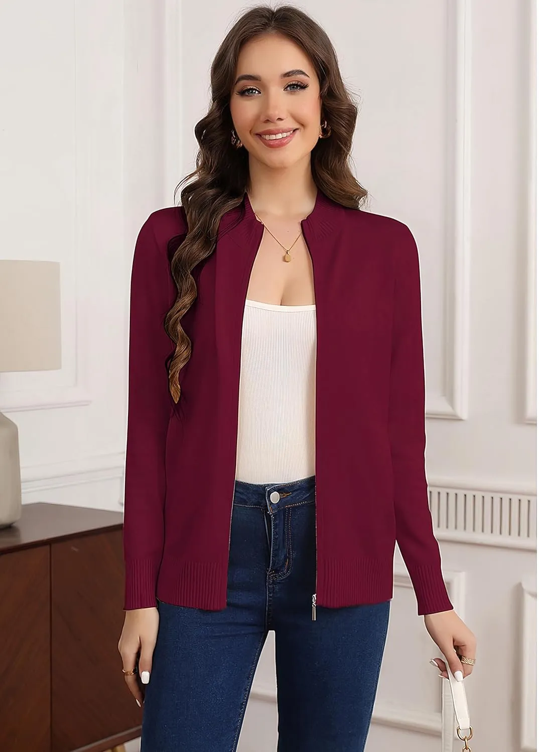 Women's Long Sleeve Zipper Sweater Knit Cardigan Sweater Lightweight Zipper Sweatshirt Casual Jacket