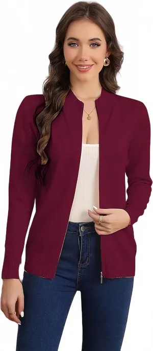 Women's Long Sleeve Zipper Sweater Knit Cardigan Sweater Lightweight Zipper Sweatshirt Casual Jacket