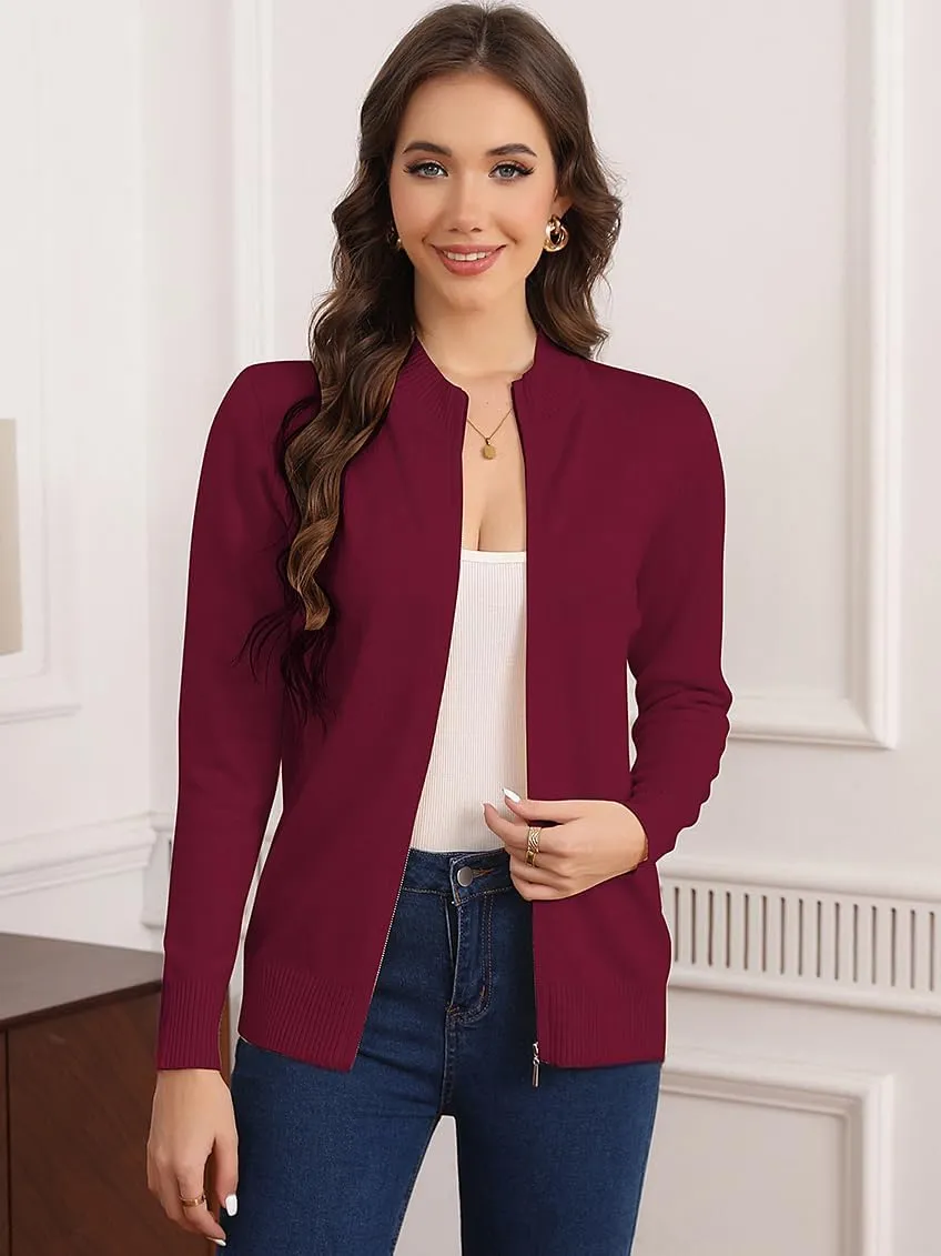 Women's Long Sleeve Zipper Sweater Knit Cardigan Sweater Lightweight Zipper Sweatshirt Casual Jacket