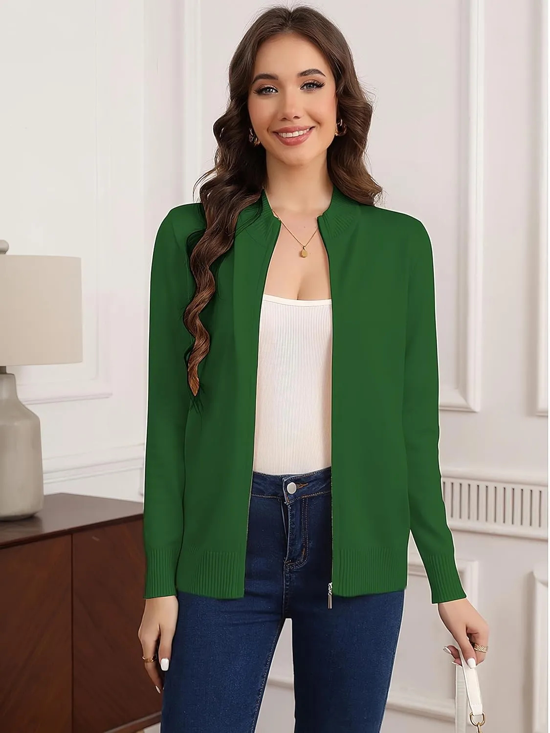 Women's Long Sleeve Zipper Sweater Knit Cardigan Sweater Lightweight Zipper Sweatshirt Casual Jacket
