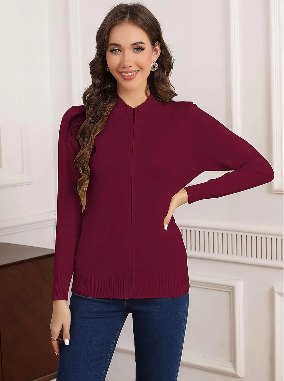 Women's Long Sleeve Zipper Sweater Knit Cardigan Sweater Lightweight Zipper Sweatshirt Casual Jacket