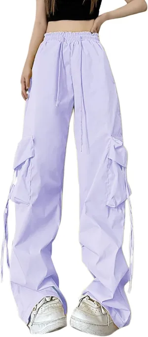 Women's Loose Pocket Cargo Pants Street Pat Elastic Waist Casual Pants Trousers Y2k Streetwear Soft Trendy Trousers