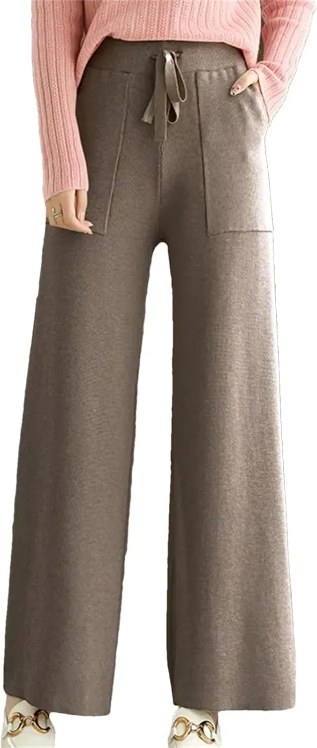 Women's Merino Wool Pants High Waist Wide Leg Straights Trousers Winter Thick Knitted Wool Pants