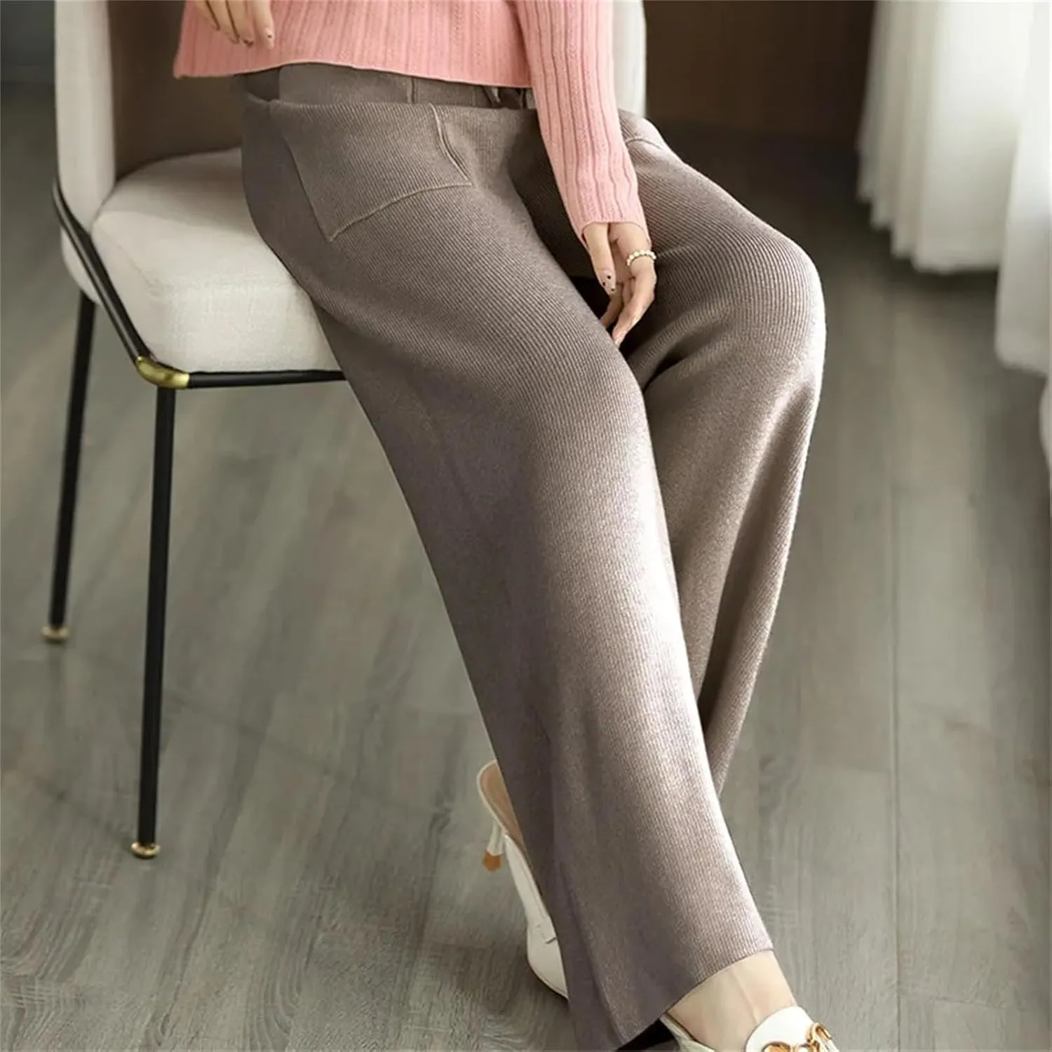 Women's Merino Wool Pants High Waist Wide Leg Straights Trousers Winter Thick Knitted Wool Pants