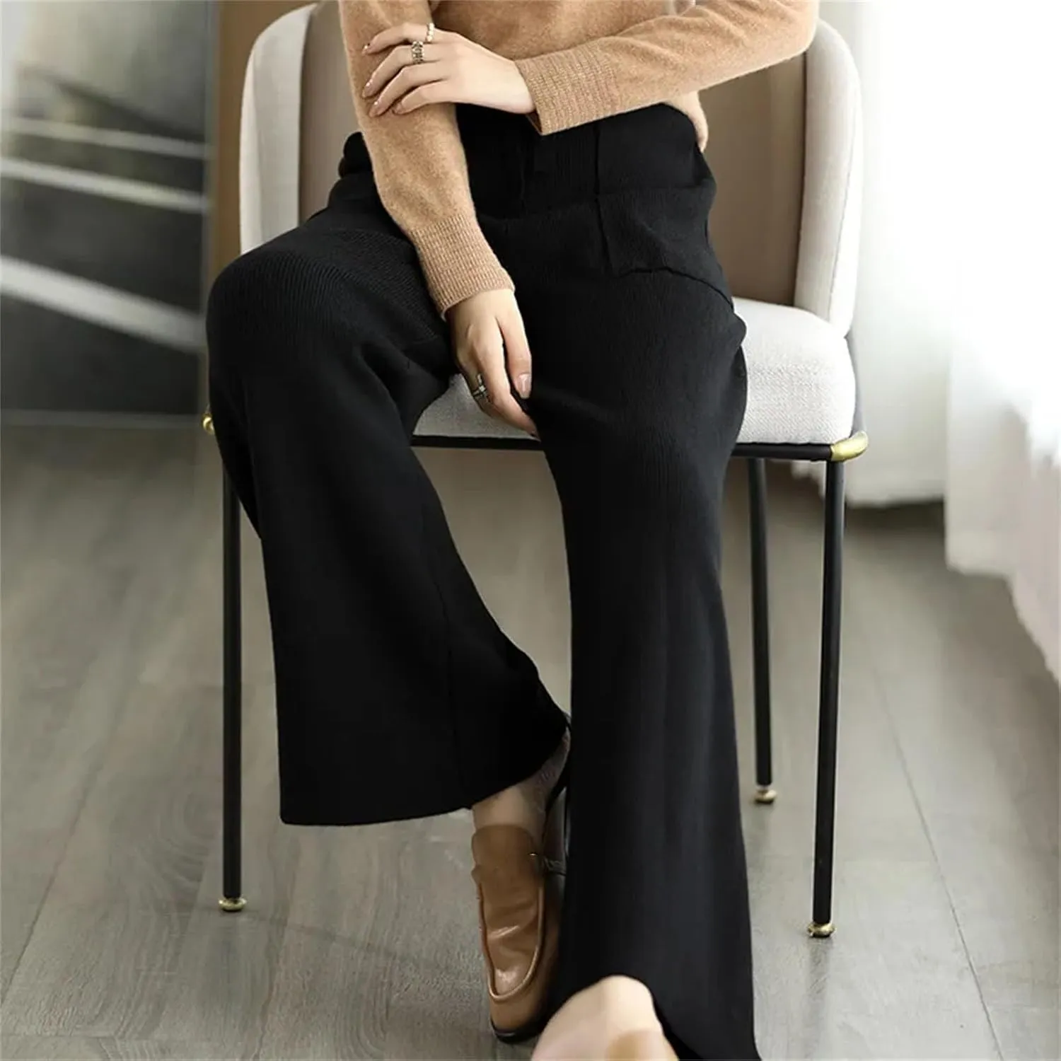 Women's Merino Wool Pants High Waist Wide Leg Straights Trousers Winter Thick Knitted Wool Pants