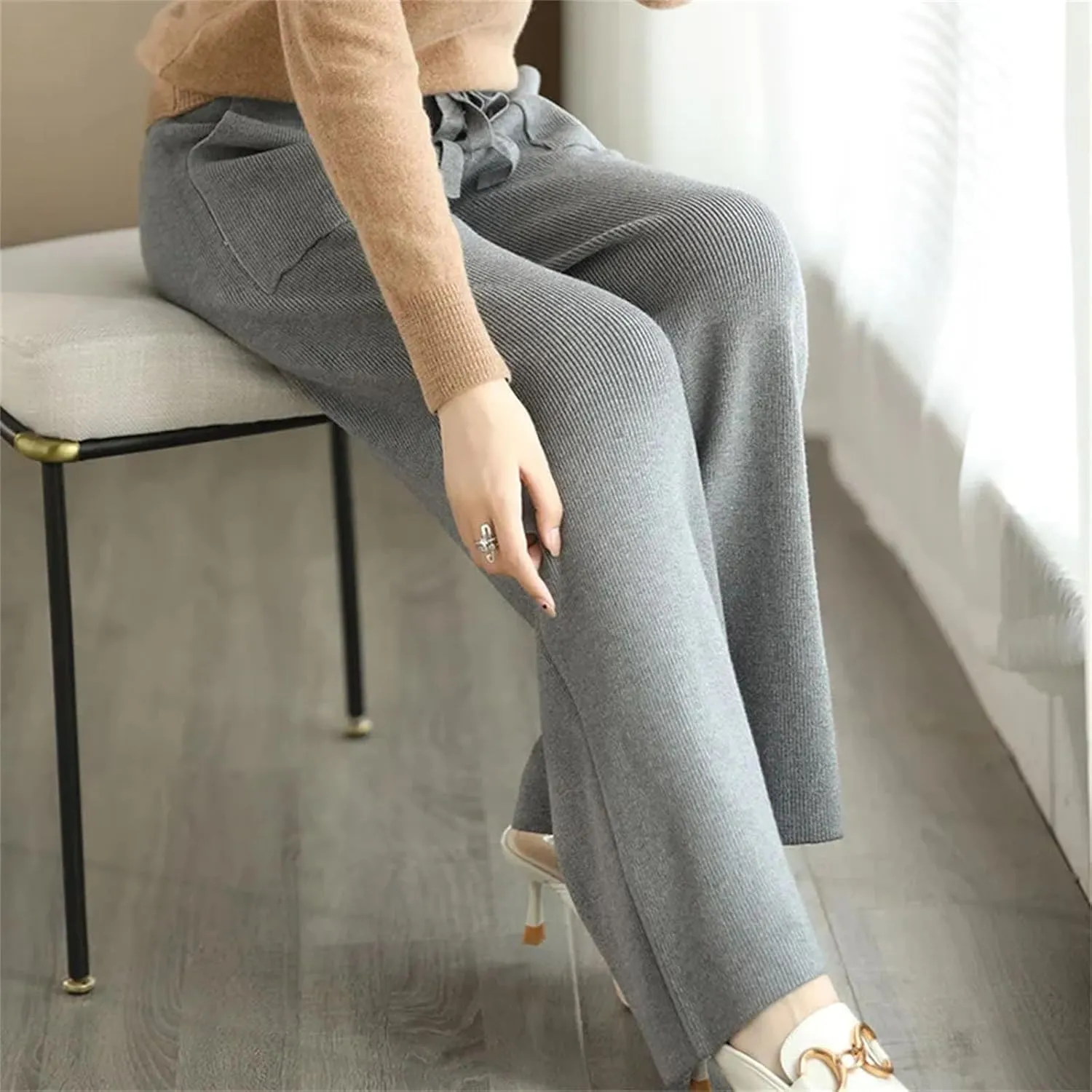 Women's Merino Wool Pants High Waist Wide Leg Straights Trousers Winter Thick Knitted Wool Pants