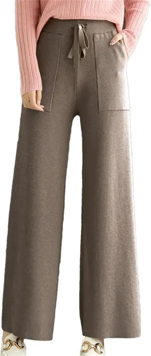Women's Merino Wool Pants High Waist Wide Leg Straights Trousers Winter Thick Knitted Wool Pants