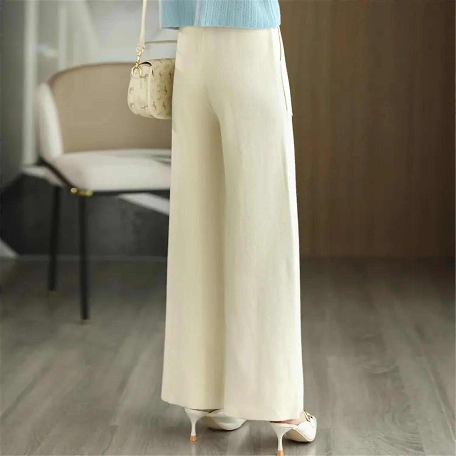 Women's Merino Wool Pants High Waist Wide Leg Straights Trousers Winter Thick Knitted Wool Pants