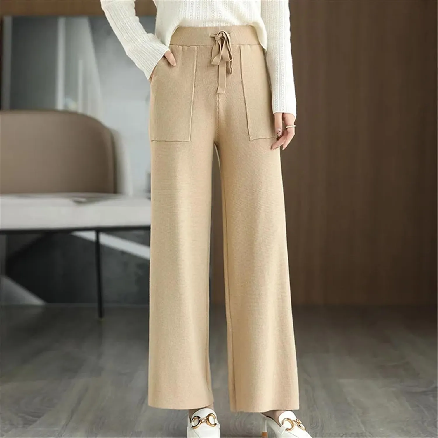 Women's Merino Wool Pants High Waist Wide Leg Straights Trousers Winter Thick Knitted Wool Pants