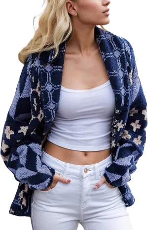 Women's Oversized Cardigan Sweater Knit Y2K Print Patterned Shawl Collar Sweater Coat Long Sleeve Button Down Cardigans