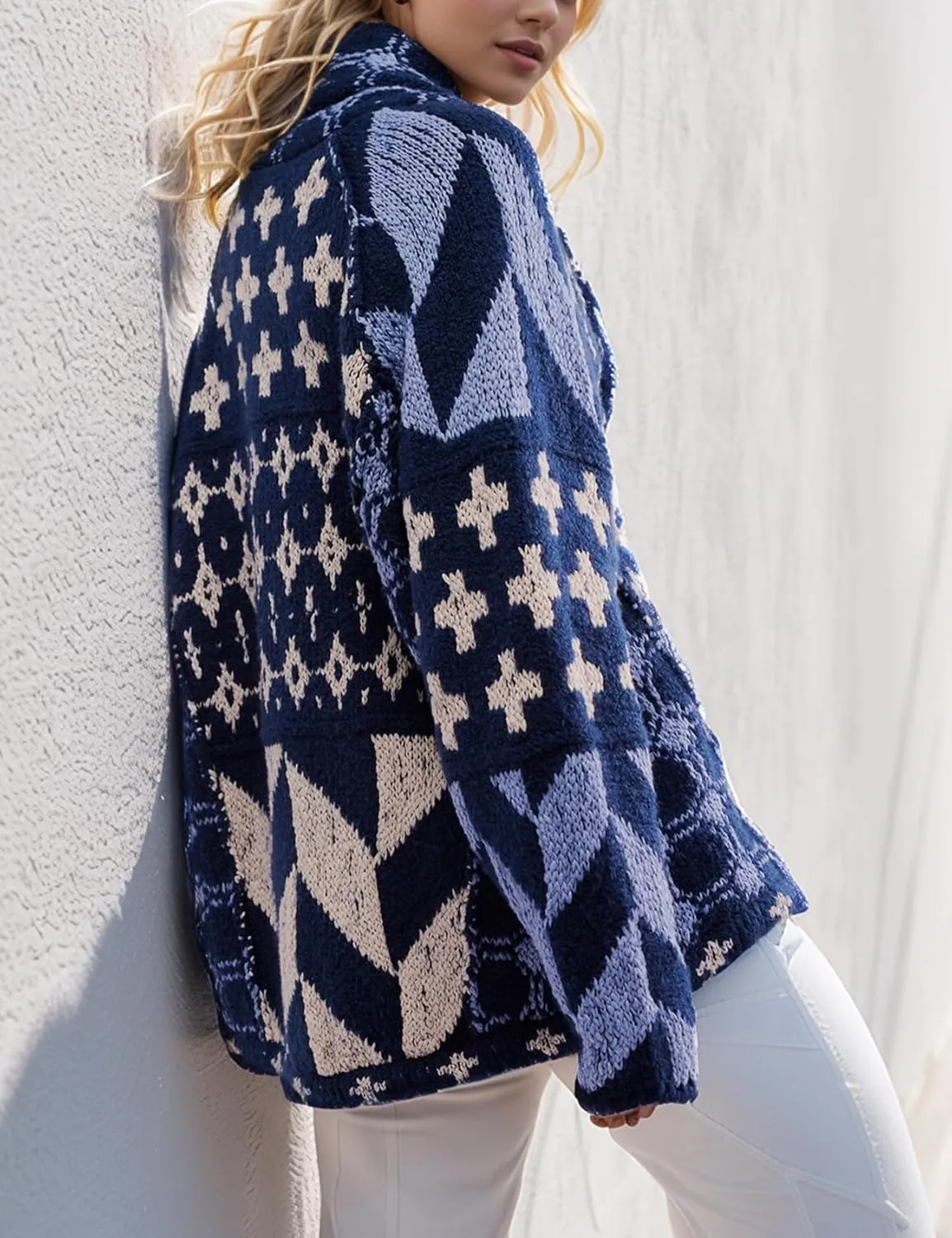 Women's Oversized Cardigan Sweater Knit Y2K Print Patterned Shawl Collar Sweater Coat Long Sleeve Button Down Cardigans