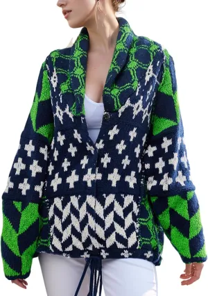 Women's Oversized Cardigan Sweater Knit Y2K Print Patterned Shawl Collar Sweater Coat Long Sleeve Button Down Cardigans
