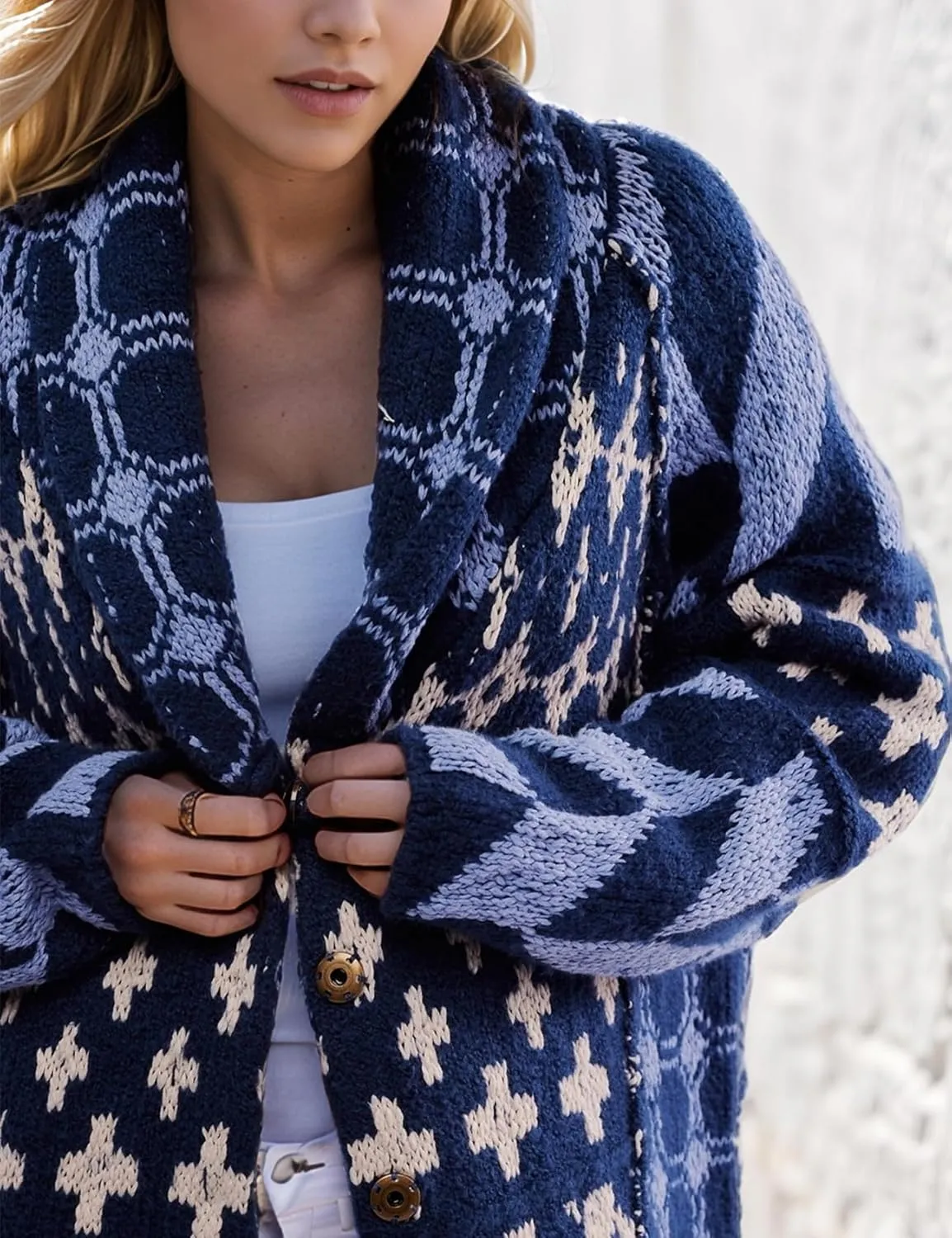 Women's Oversized Cardigan Sweater Knit Y2K Print Patterned Shawl Collar Sweater Coat Long Sleeve Button Down Cardigans