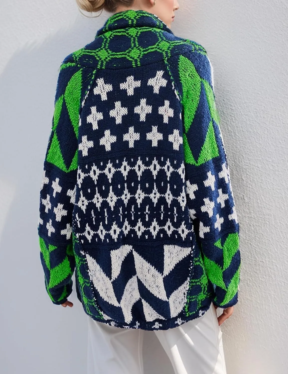 Women's Oversized Cardigan Sweater Knit Y2K Print Patterned Shawl Collar Sweater Coat Long Sleeve Button Down Cardigans