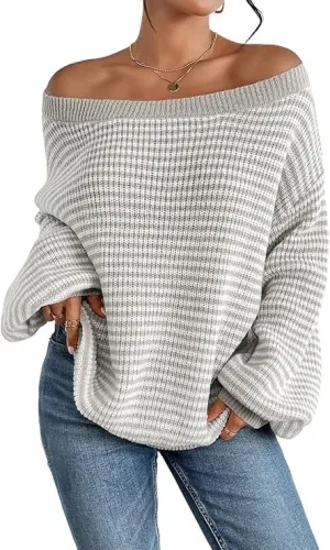 Women's Oversized Striped Sweater Casual Off The Shoulder Sweater Fall Long Sleeve Loose Knit Pullover Jumper Tops