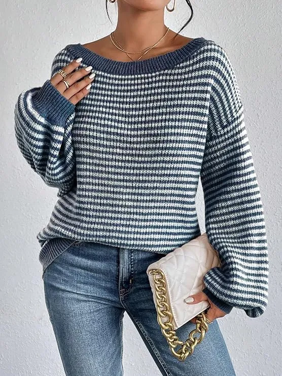Women's Oversized Striped Sweater Casual Off The Shoulder Sweater Fall Long Sleeve Loose Knit Pullover Jumper Tops
