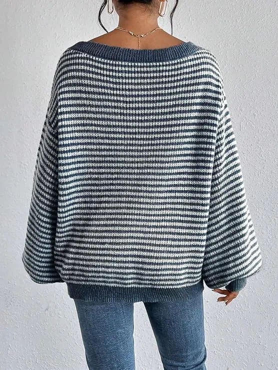 Women's Oversized Striped Sweater Casual Off The Shoulder Sweater Fall Long Sleeve Loose Knit Pullover Jumper Tops