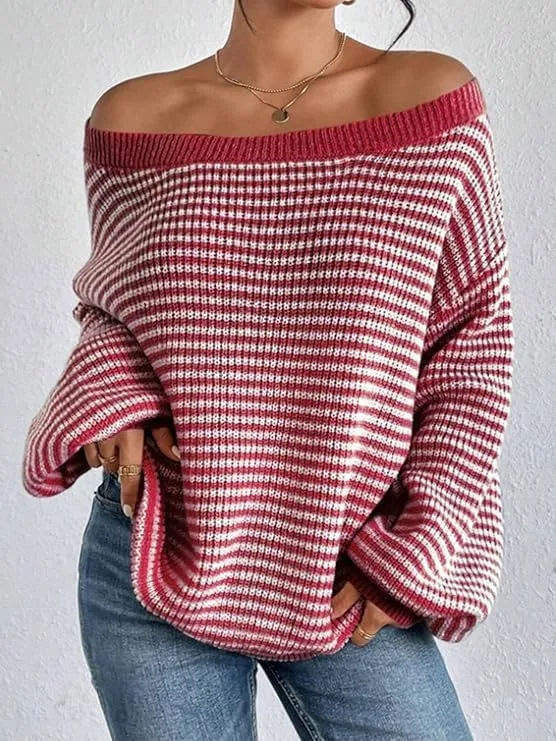 Women's Oversized Striped Sweater Casual Off The Shoulder Sweater Fall Long Sleeve Loose Knit Pullover Jumper Tops