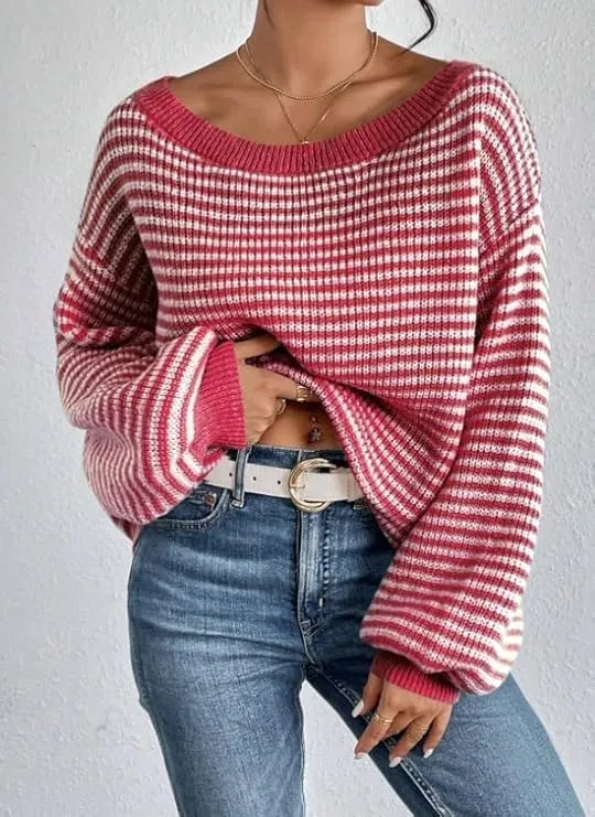 Women's Oversized Striped Sweater Casual Off The Shoulder Sweater Fall Long Sleeve Loose Knit Pullover Jumper Tops