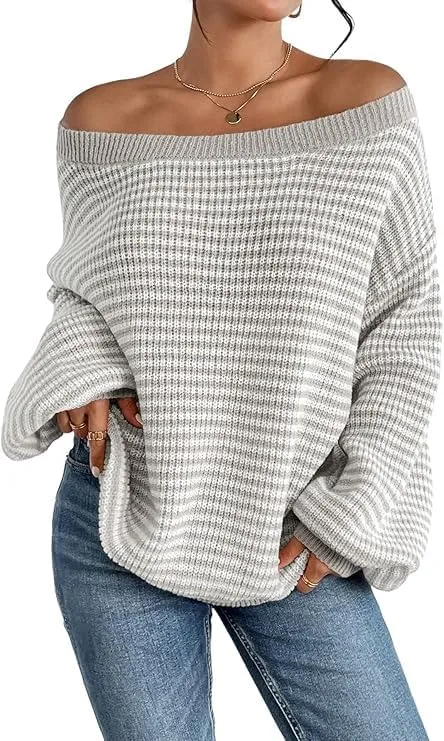 Women's Oversized Striped Sweater Casual Off The Shoulder Sweater Fall Long Sleeve Loose Knit Pullover Jumper Tops