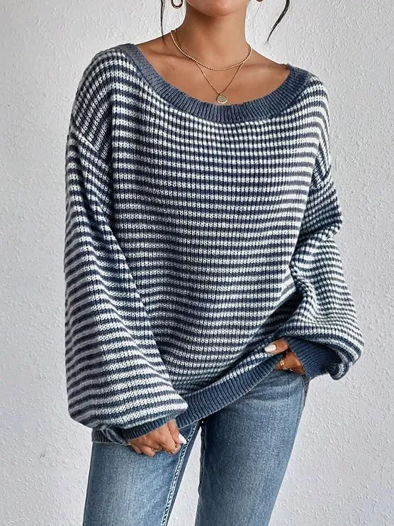 Women's Oversized Striped Sweater Casual Off The Shoulder Sweater Fall Long Sleeve Loose Knit Pullover Jumper Tops