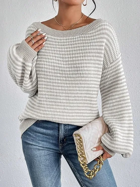 Women's Oversized Striped Sweater Casual Off The Shoulder Sweater Fall Long Sleeve Loose Knit Pullover Jumper Tops