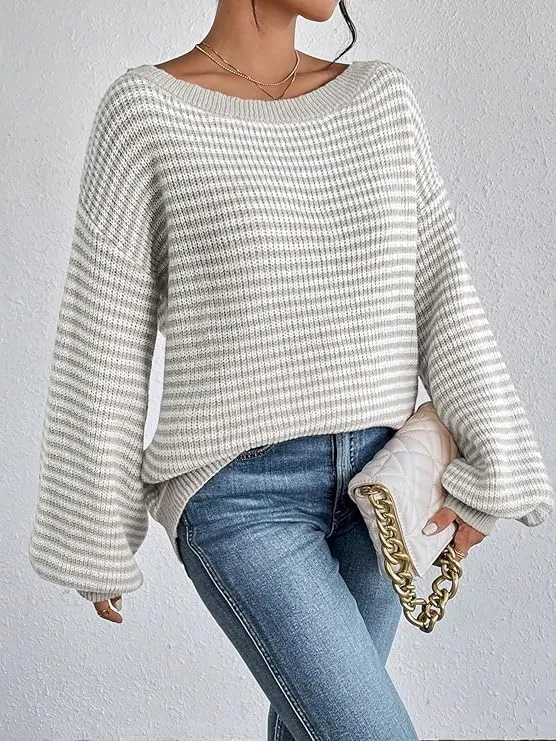 Women's Oversized Striped Sweater Casual Off The Shoulder Sweater Fall Long Sleeve Loose Knit Pullover Jumper Tops