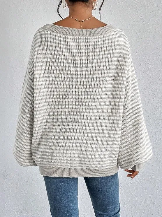 Women's Oversized Striped Sweater Casual Off The Shoulder Sweater Fall Long Sleeve Loose Knit Pullover Jumper Tops