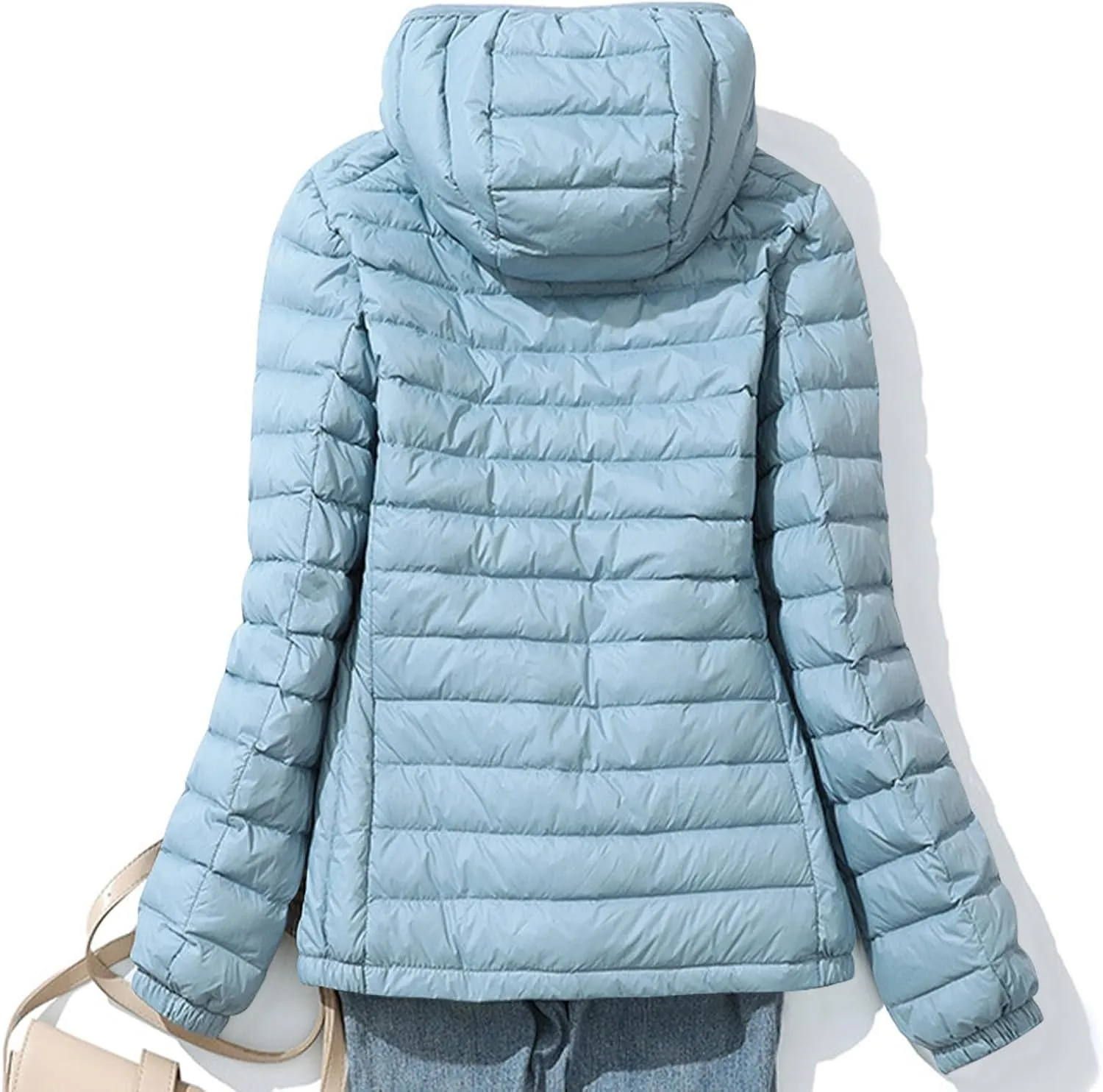 Womens Packable Down Jacket Lightweight Quilted Puffer Coat Casual Zipper Pockets Duck Down Outwear with Removable Hood