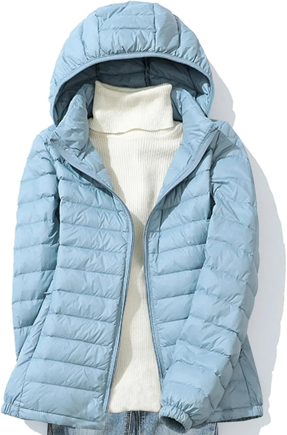 Womens Packable Down Jacket Lightweight Quilted Puffer Coat Casual Zipper Pockets Duck Down Outwear with Removable Hood