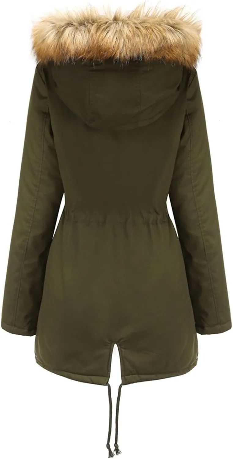 Women's Packable Lightweight Puffer Jacket Ladies Padded Thermal Overcoat with Faux Hooded Waterproof Faux Fur