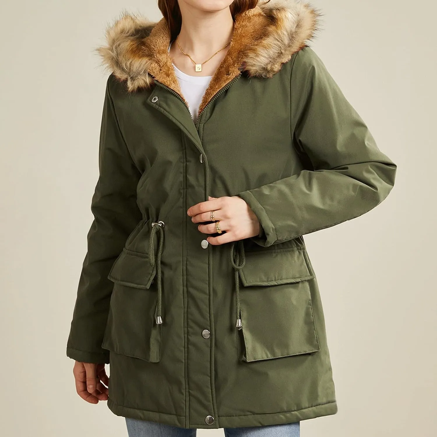 Women's Packable Lightweight Puffer Jacket Ladies Padded Thermal Overcoat with Faux Hooded Waterproof Faux Fur