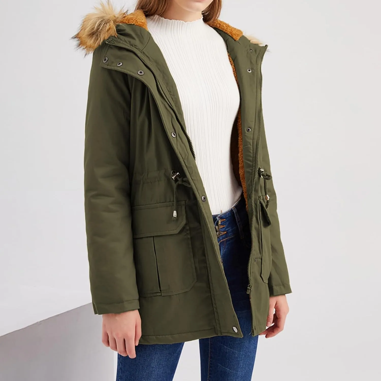 Women's Packable Lightweight Puffer Jacket Ladies Padded Thermal Overcoat with Faux Hooded Waterproof Faux Fur