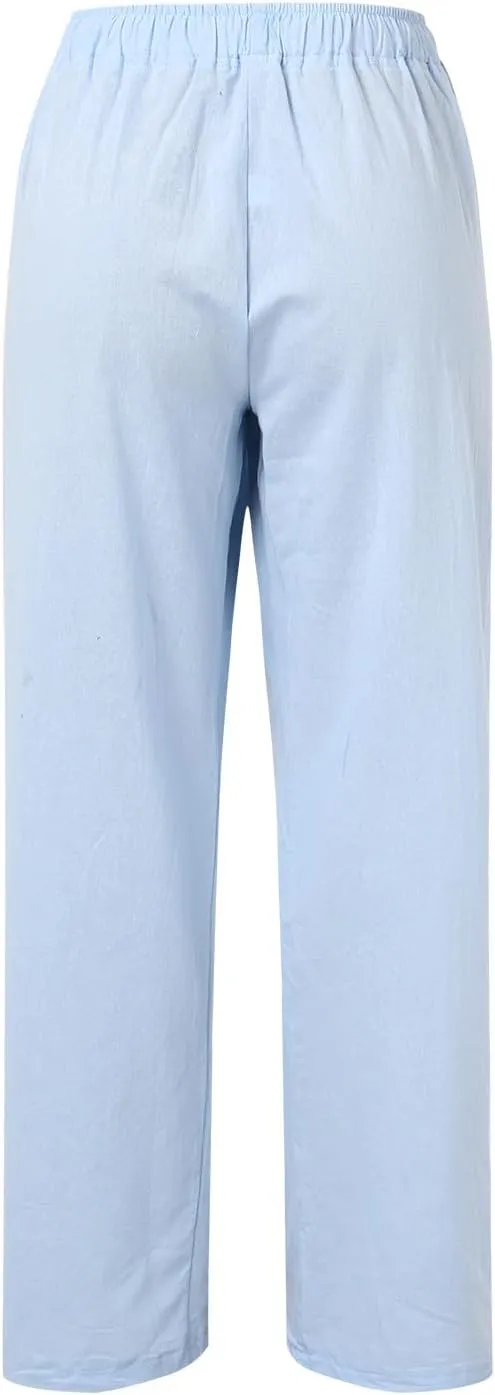 Women's Pants Summer Casual Plus Size Lightweight Straight Leg Drawstring Elastic Waist Loose Comfy Trousers with Pockets