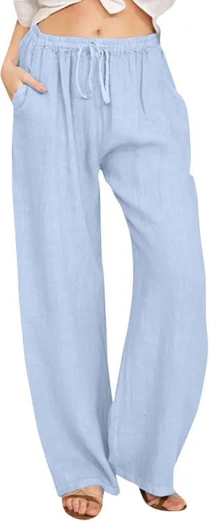Women's Pants Summer Casual Plus Size Lightweight Straight Leg Drawstring Elastic Waist Loose Comfy Trousers with Pockets