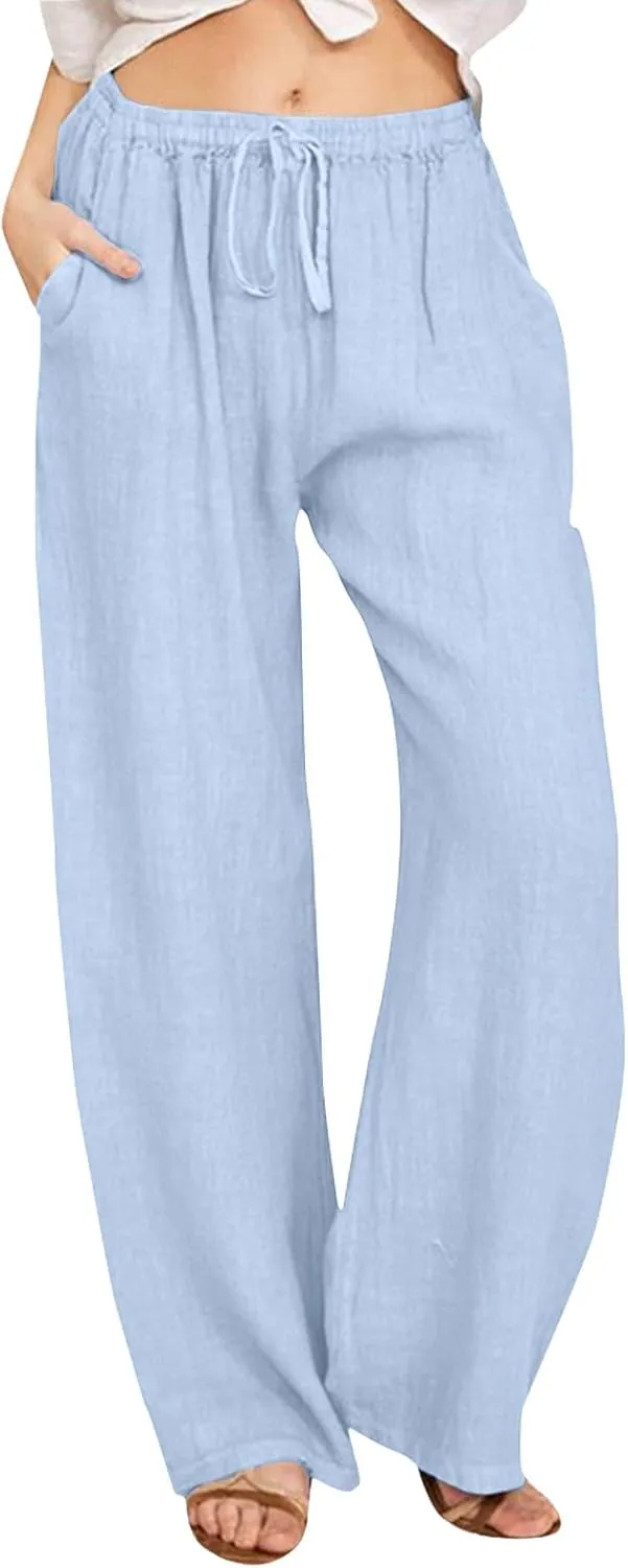 Women's Pants Summer Casual Plus Size Lightweight Straight Leg Drawstring Elastic Waist Loose Comfy Trousers with Pockets