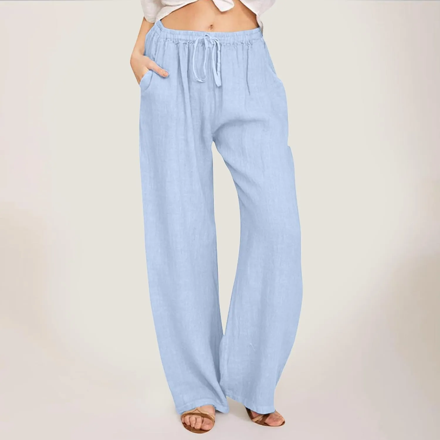 Women's Pants Summer Casual Plus Size Lightweight Straight Leg Drawstring Elastic Waist Loose Comfy Trousers with Pockets
